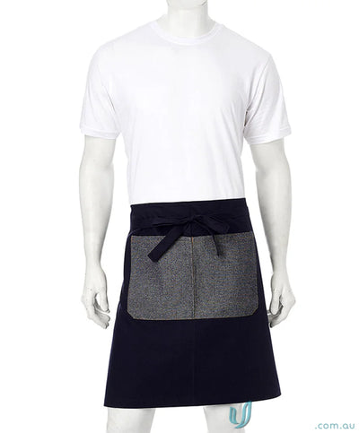 Jimmy Canvas Waist Apron with black half bistro design, charcoal grey pocket, brass rivets