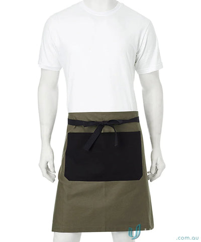 White t-shirt and olive green Jimmy Canvas Waist apron with black pocket and brass rivets