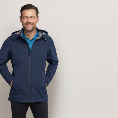 Navy blue Kennards EMB Jacket with detachable hood and waterproof rating