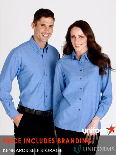 Two people wearing blue KENNARDS Ladies Chambray LS Shirt workwear uniforms