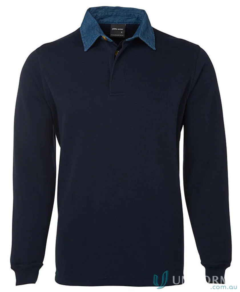 Navy long-sleeved jbs rugby jumper with denim collar and ribbed sleeve cuffs