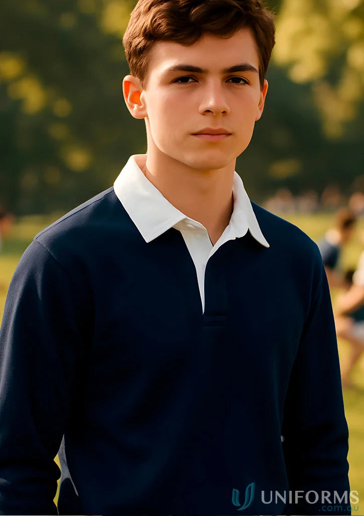 Navy blue jbs rugby jumper with ribbed sleeve cuffs from Kensington Rugby Jumper series