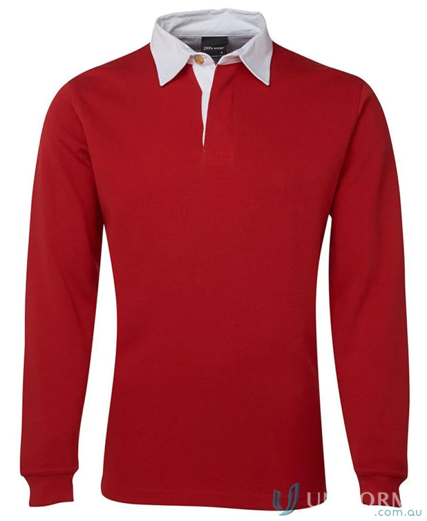Red long-sleeved jbs rugby jumper with ribbed sleeve cuffs and white collar