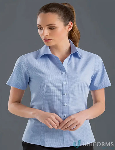 Light blue women’s short sleeve multi check shirt from 355-jk Keval Women’s collection