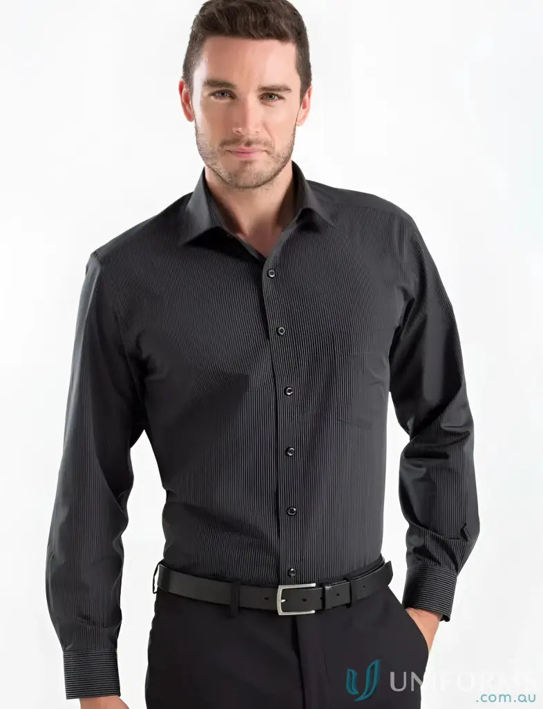 Mens long sleeve dark stripe shirt Style 236-JK Keval charcoal in a sleek design