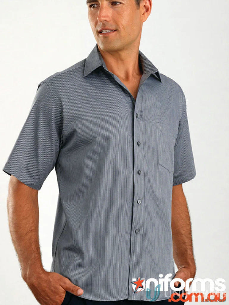 Man wearing Keval Pin Stripe Long Sleeve Shirt, mens long sleeve striped button-down