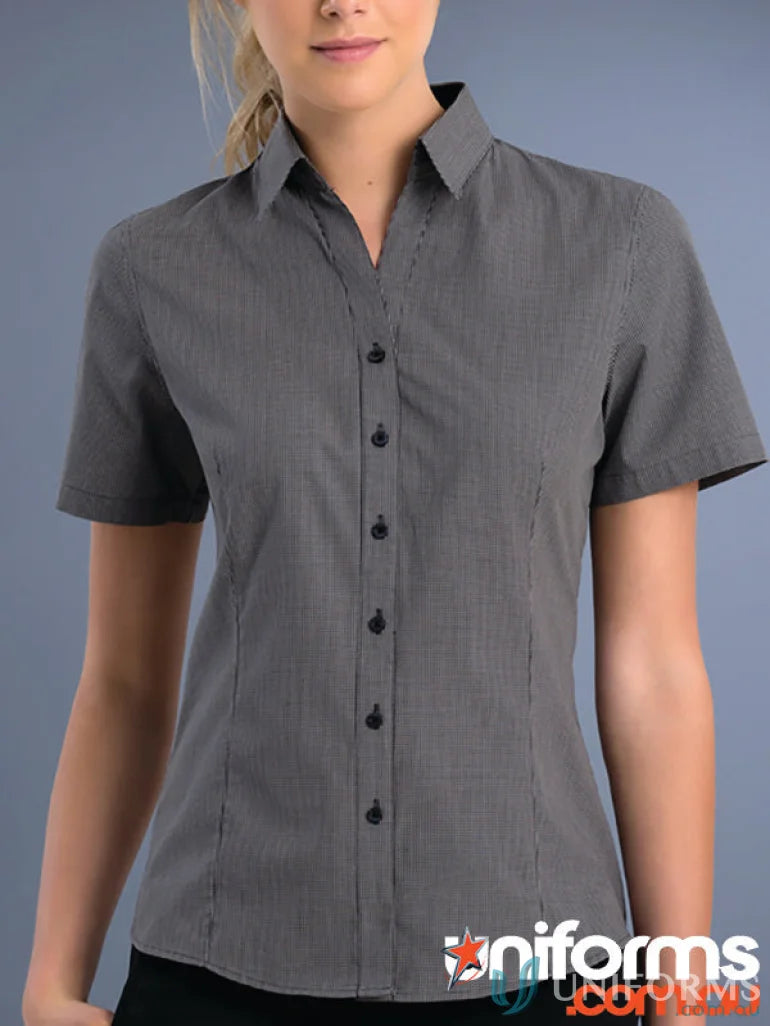 Woman modeling Keval Slim Fit SS Small Check grey pinstriped women’s shirt with black buttons