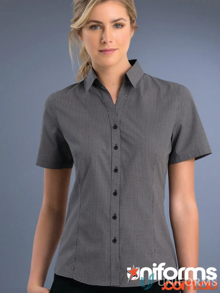 775-jk Keval women’s slim fit gray short-sleeve shirt with pinstripes and black buttons