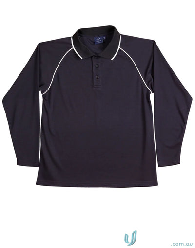 Kids Champion Raglan black long sleeve polo shirt with white trim for cooldry long sleeve style