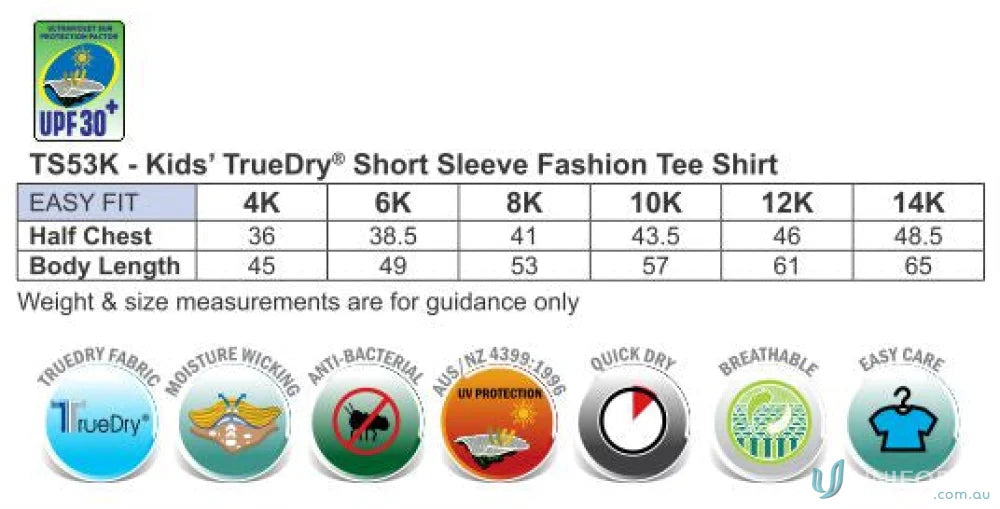 Kids Legend Tee sizing chart showing kids short sleeve tee shirts for uniforms and workwear