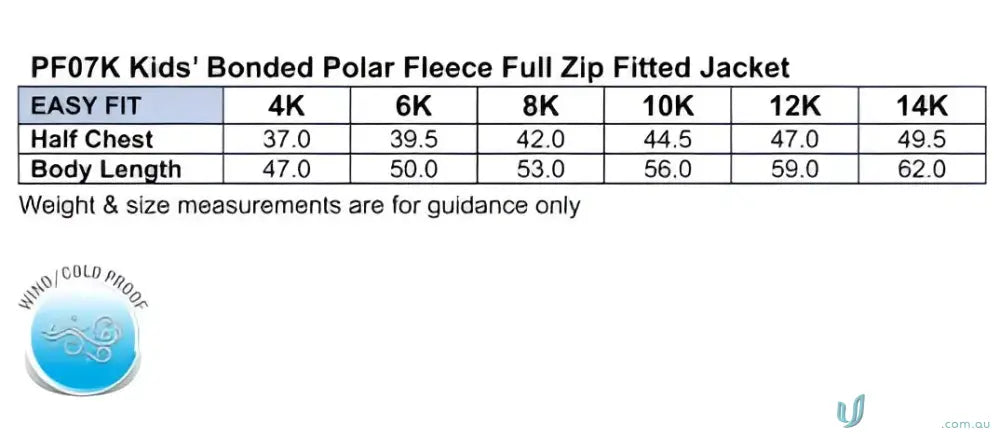 Kids Bonded Polar Jacket size chart