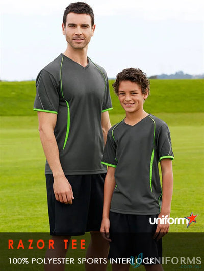 Matching gray and green Kids Razor Tee shirts from t406ks Biz Collection, made with biz cool polyester