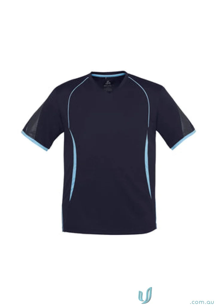 Navy blue Kids Razor Tee from t406ks biz collection with light blue trim, made of biz cool polyester