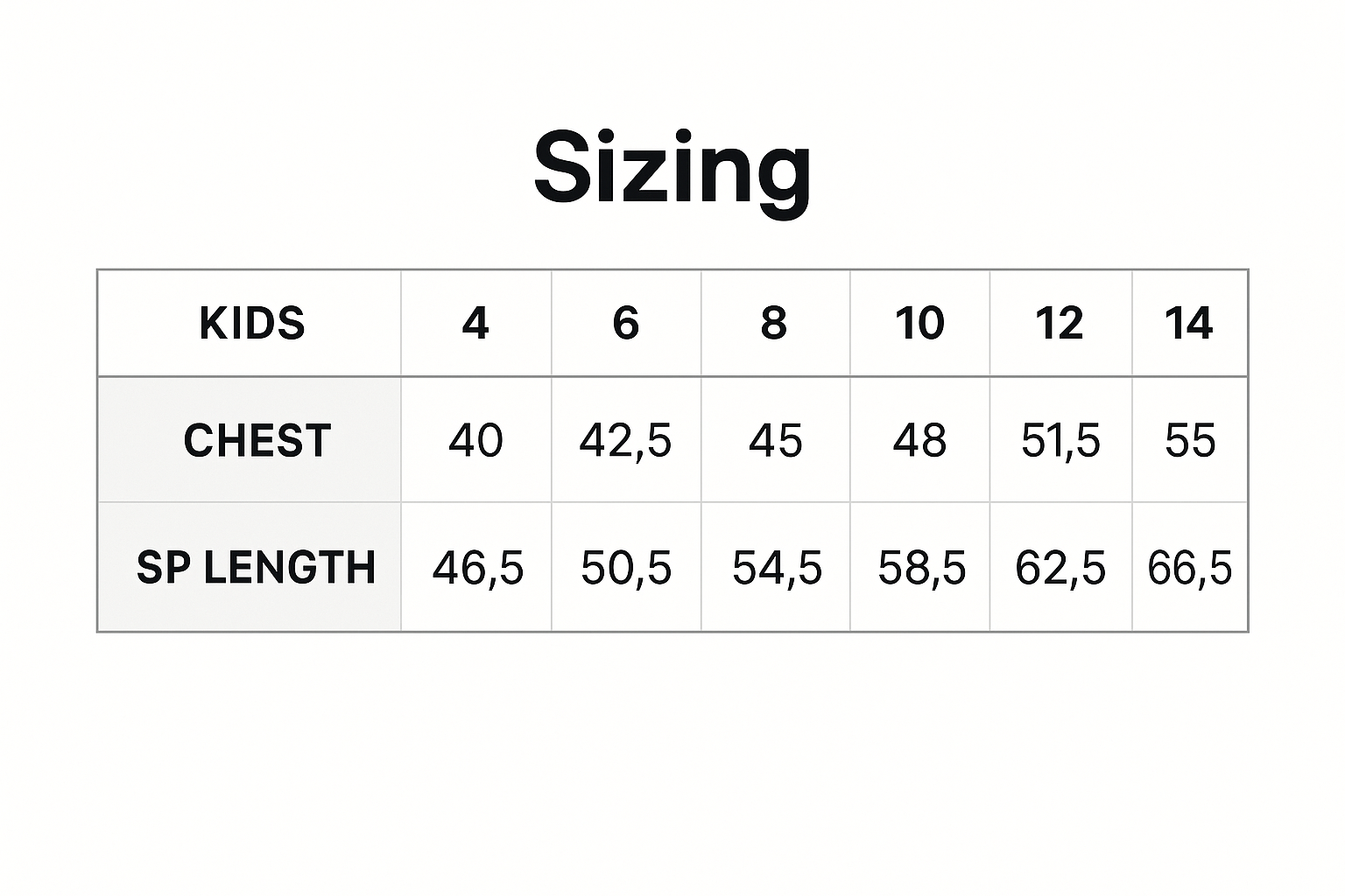 JBs Kids Fleecy Hoodie size chart