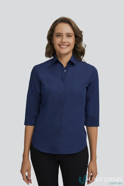Lady wearing navy ladies micro check shirt in premium fabric from Ladies 3 Qrt Micro Check Shirt