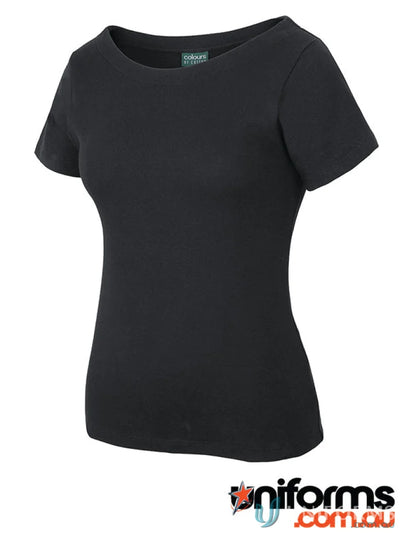 Black Short-Sleeved Ladies Boat Neck Tee for casual wear or work uniforms