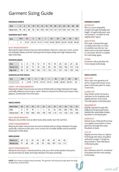 Garment sizing guide for Ladies City Stretch Classic L/S workwear with sleeve fit info