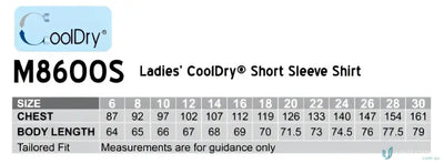 Ladies short sleeve shirt size chart for Winning Spirit Ladies CoolDry Health Shirt stays cool easy