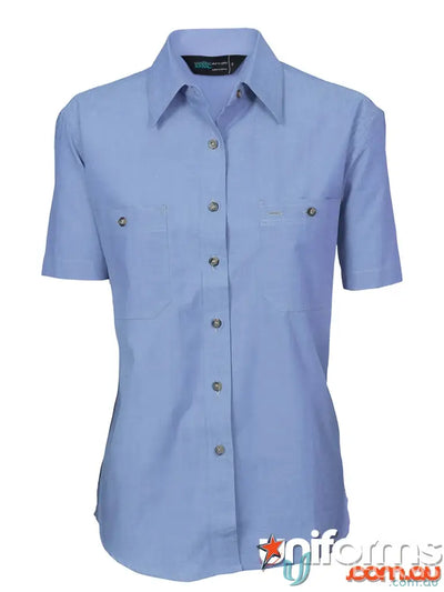 Light blue ladies cotton chambray shirt with short sleeves perfect for casual wear