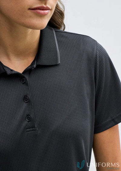 Ladies Echo Polo in dark patterned certified recycled polyester for a biz cool™ vibe