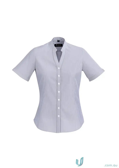 Yarn dyed fine stripe cotton-rich fabric ladies SS shirt with short sleeves and collar