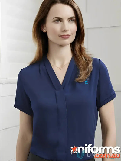 Navy blue short-sleeved EMB SS Blouse perfect for medical uniforms or work uniforms