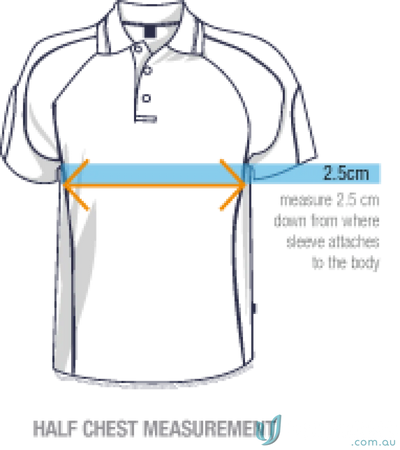 Diagram showing how to measure garment width for Ladies Eureka Polo or Eureka Polo