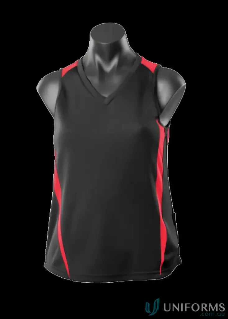 Black and red sleeveless Ladies Eureka Singlet made of comfy fabric, perfect for uniforms