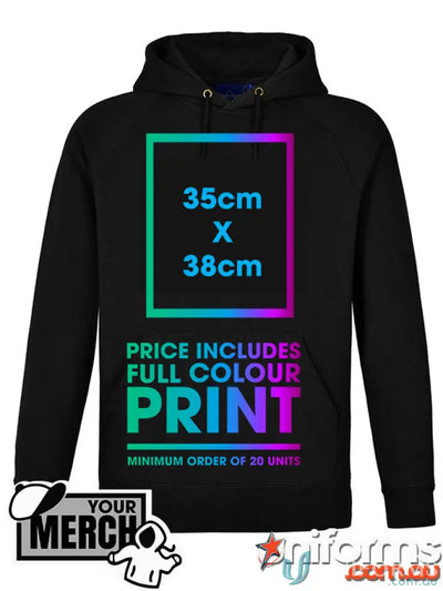 Black fleecy hoodie with print area for uniforms or workwear customization