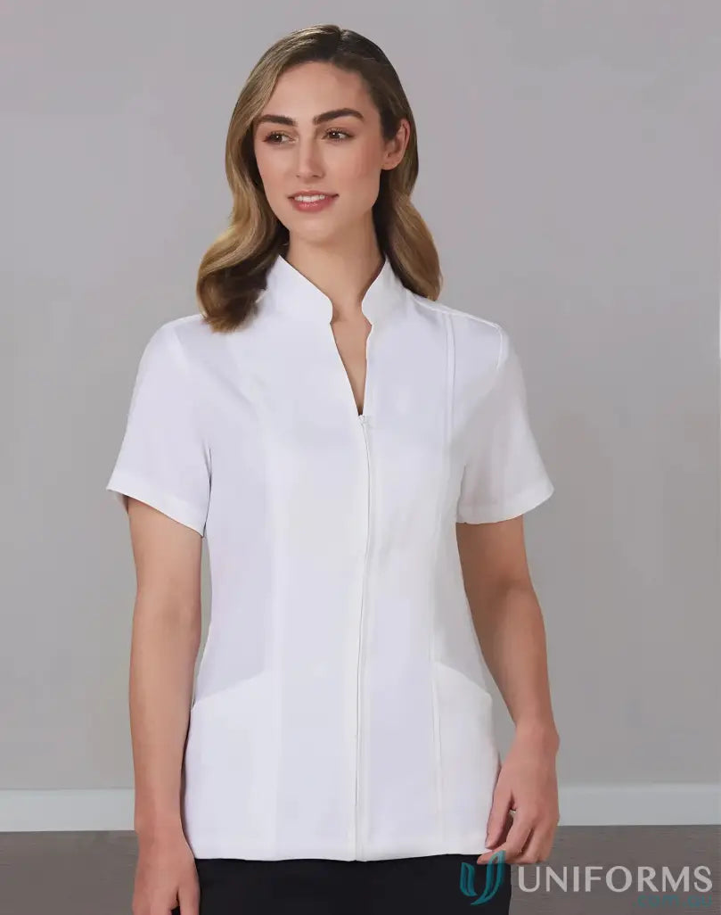 White short-sleeved Ladies Full Zip Front Tunic in m8636s womens mechanical stretch fabric