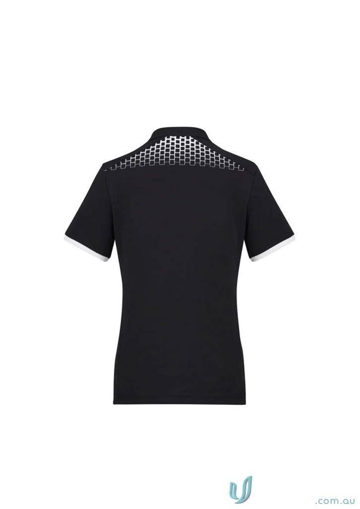 Ladies Galaxy polo with black short sleeve design, white trim, and mesh back perfect blend