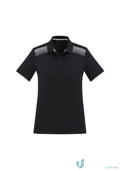 Ladies Galaxy polo with black color and mesh shoulder detail, perfect blend style