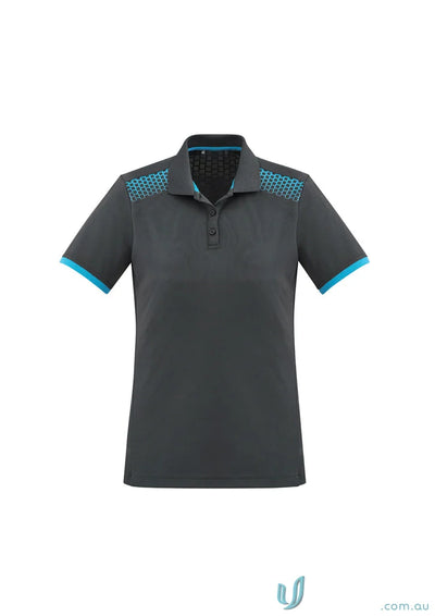 Ladies Galaxy polo shirt with gray and blue accents, perfect blend of style and comfort