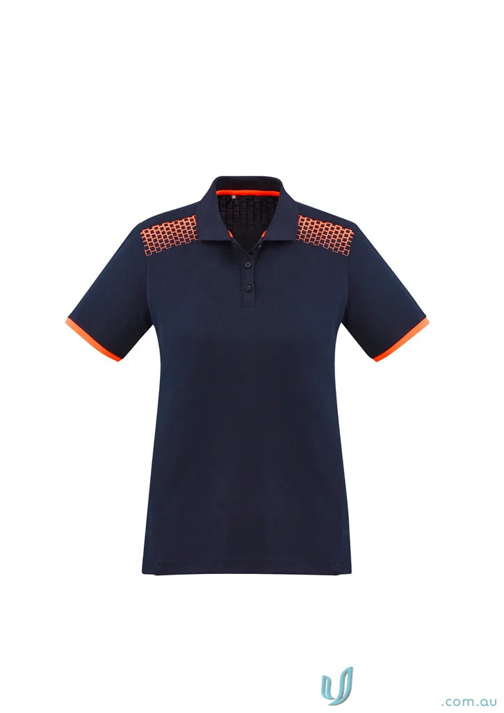 Ladies Galaxy short sleeve polo shirt in navy blue with orange accents, perfect blend style