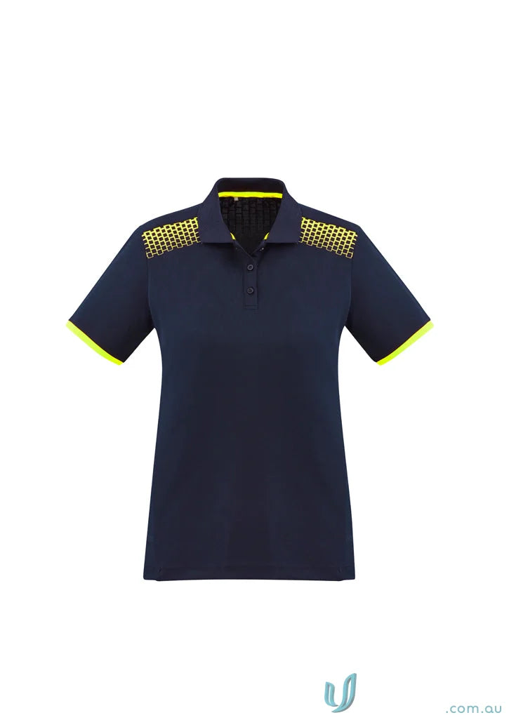 Ladies Galaxy Polo featuring a navy blue galaxy short sleeve polo with yellow accents perfect blend