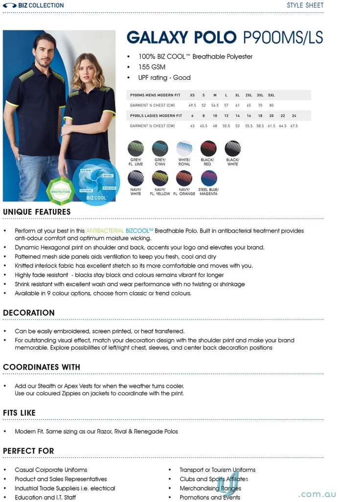 Ladies Galaxy Polo product sheet showcasing the galaxy short sleeve polo perfect blend style
