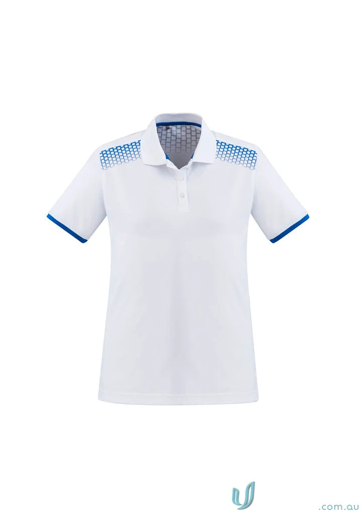 Ladies Galaxy Polo featuring a white galaxy short sleeve polo with blue accents for the perfect blend