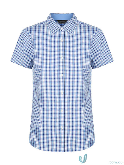 Ladies Hudson Short Sleeve Shirt in stylish blue and white gingham check pattern
