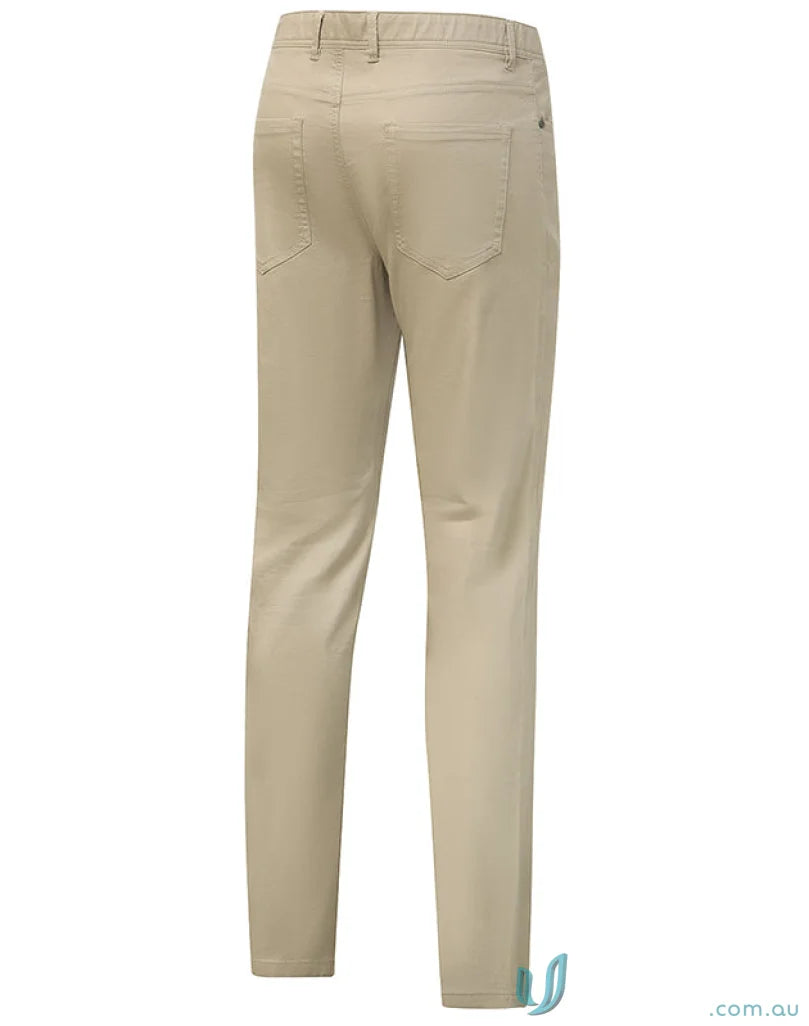 Beige ladies jean style flexi chino pants shown with jacquard weave detail