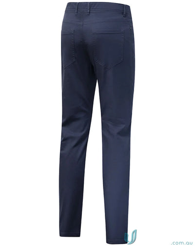 Navy blue ladies jean style flexi chino pants with jacquard weave for trendy casual look