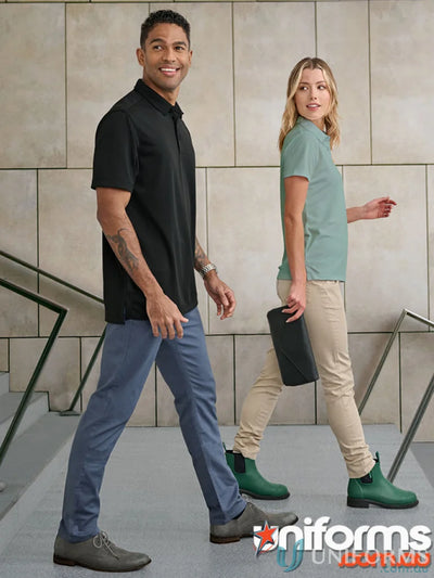 Two people wearing ladies jean style flexi chino pants in jacquard weave