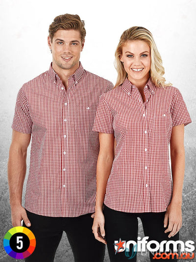 Matching red and white gingham check shirts perfect for uniforms or workwear or casual style