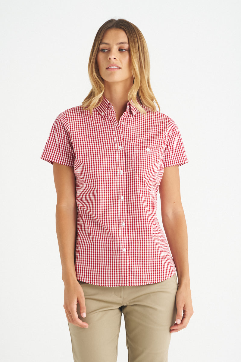 Ladies Miller Gingham SS Check Shirt with red and white gingham check pattern and embroidered logo for casual workwear or uniforms