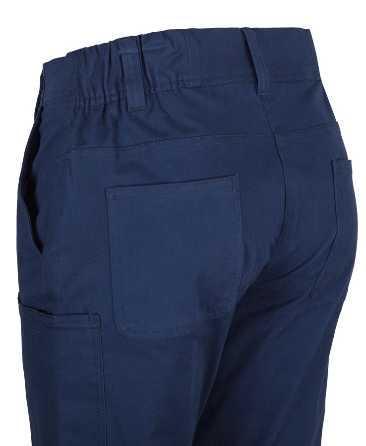 Ladies multi pocket stretch twill pant in navy blue with elastic waistband