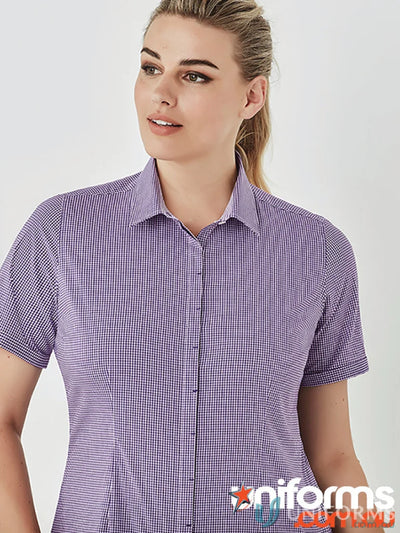 Women’s Newport short sleeve shirt in purple and white checkers for all-day comfort