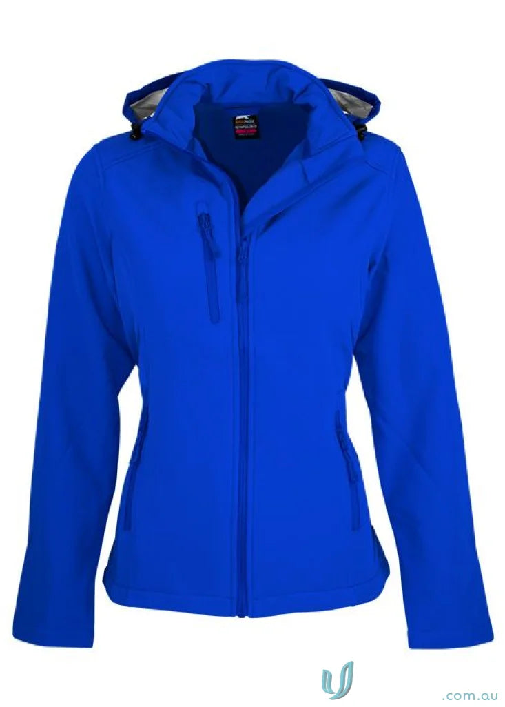 Blue hooded Ladies Olympus Jacket with 3-layer performance softshell and chest zip pocket