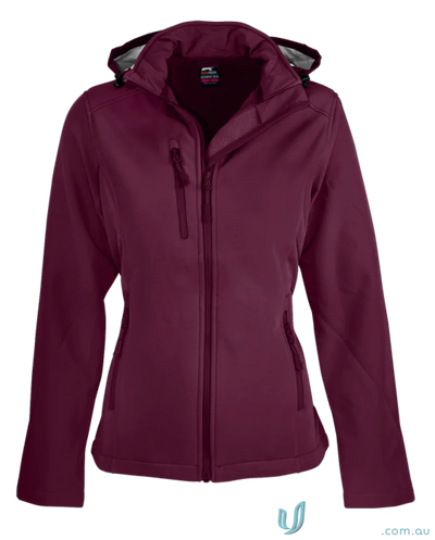 Ladies Olympus Jacket Burgundy hooded softshell with chest zip pocket for outdoor ease