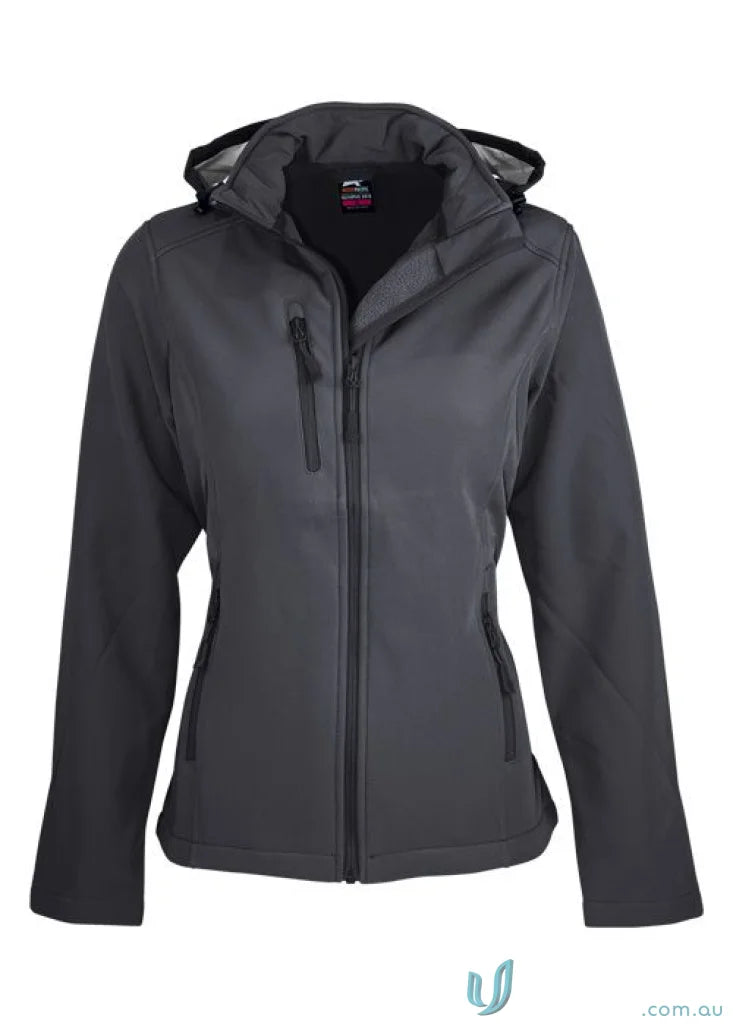 Gray hooded Ladies Olympus Jacket with 3-layer performance softshell and chest zip pocket
