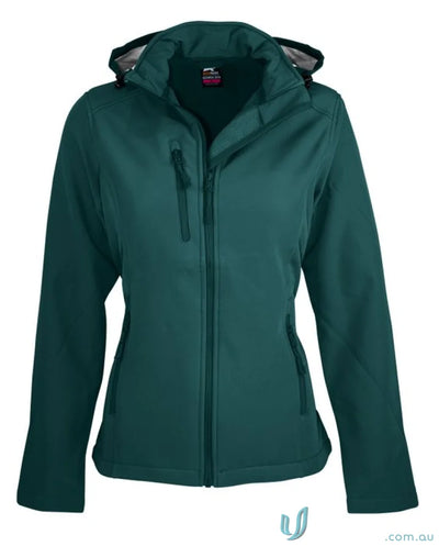 Ladies Olympus Jacket teal hooded 3-layer performance softshell with chest zip pocket