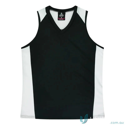 Black and white Ladies Premier Singlet with fabric neck bind and V-neck style